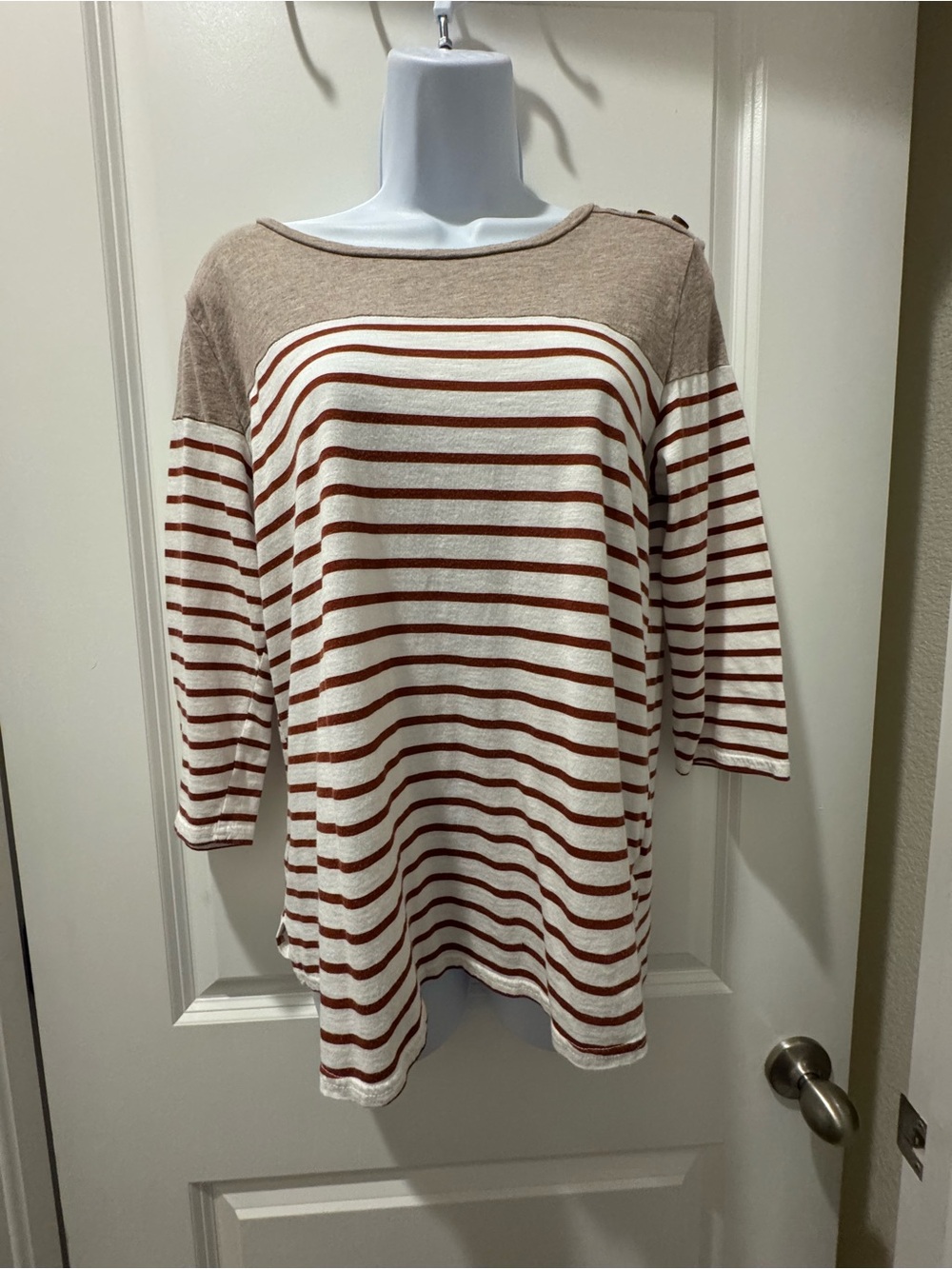 Maurices Cream and Rust Striped Boatneck 3/4 Sleeve Top